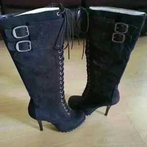 𝅺UK French Connection Knee High Lace Boots Black Size: 6 Like New